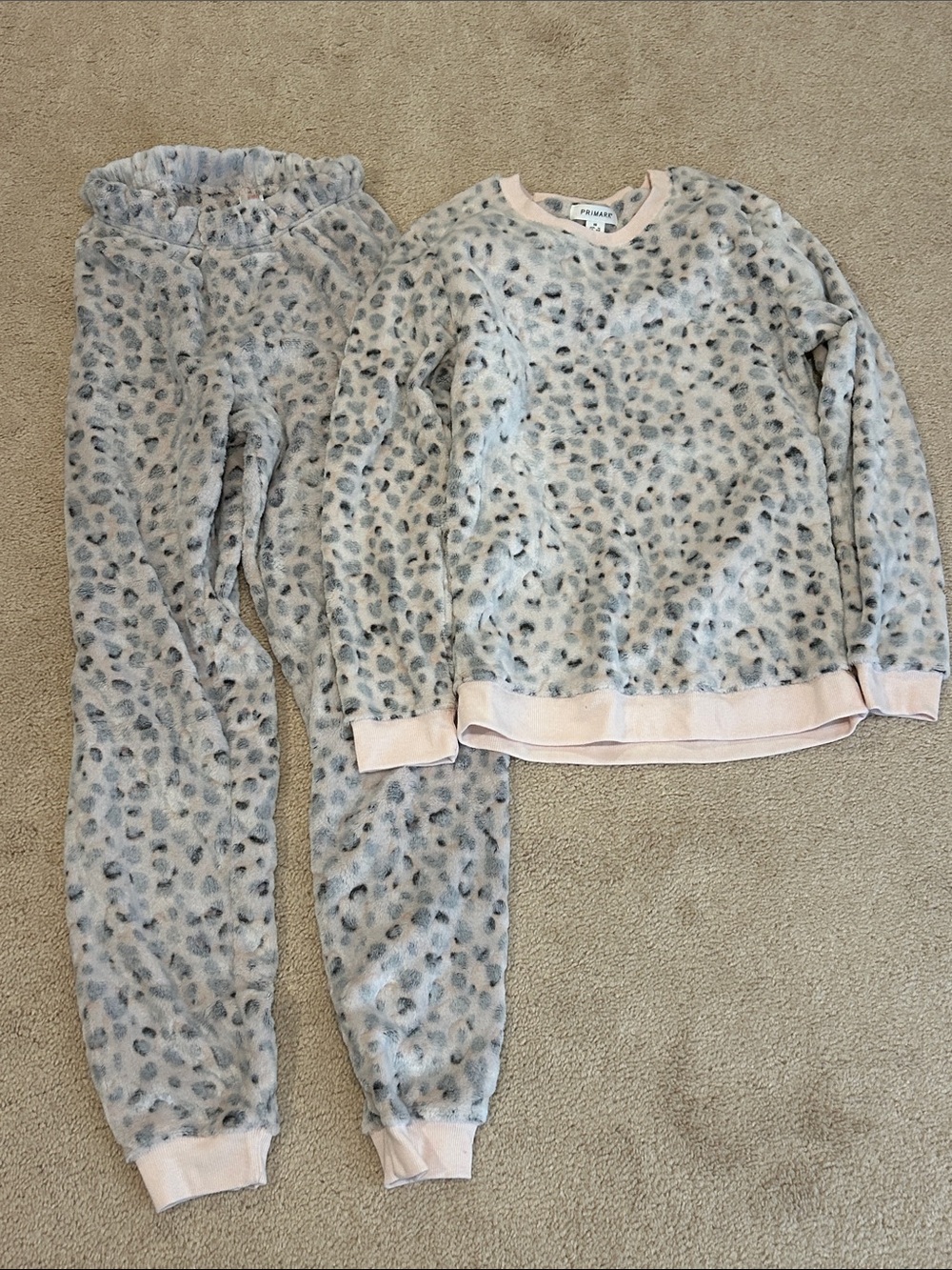 Primark Grey Leopard Fleece Pajama Set with Pink Trim